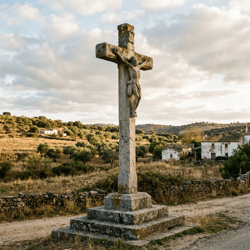 Stone crucifix with figure of Jesus in rural field near old buildings