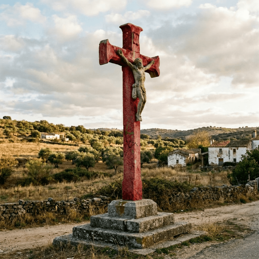 Red stone crucifix with Jesus figure on a stone pedestal in countryside