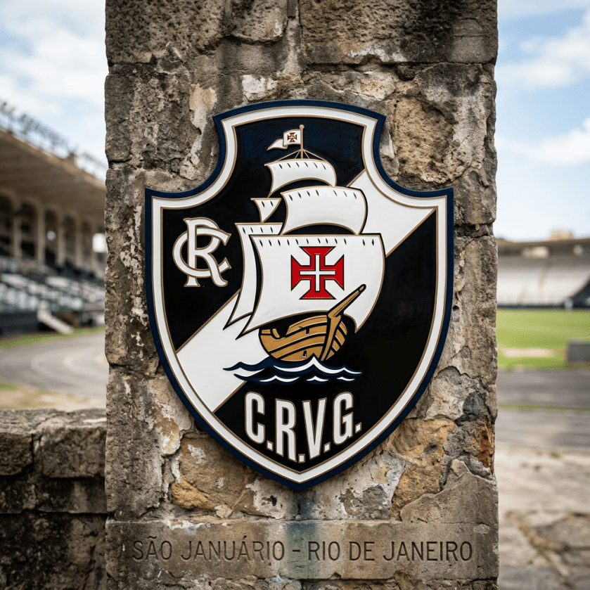 Vasco da Gama football club emblem with sailing ship and cross on stone wall