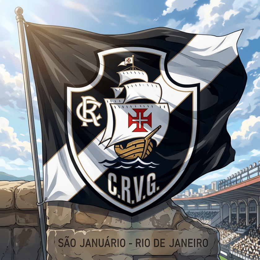 Bandeira com escudo do Vasco tremulando